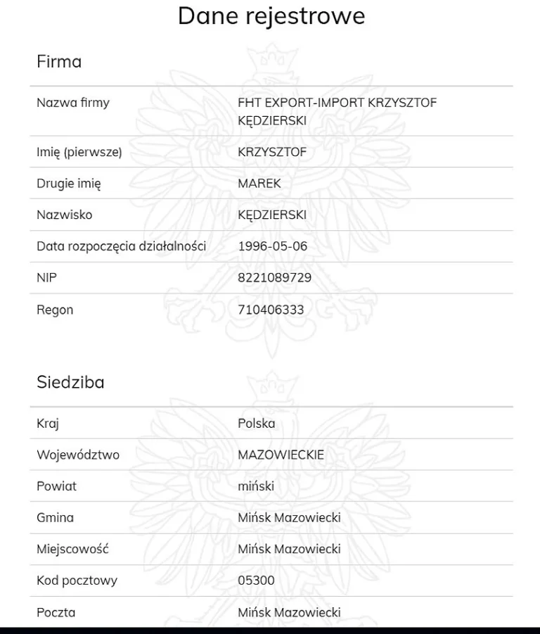 dane rejestrowe FHT Export-Import Marek Kędzierski